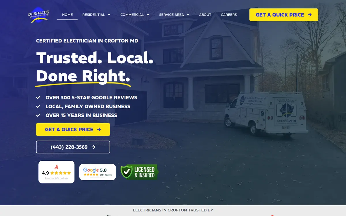 Deshaies Electrical Services home page with a lettered van in front of a house and a quick price button