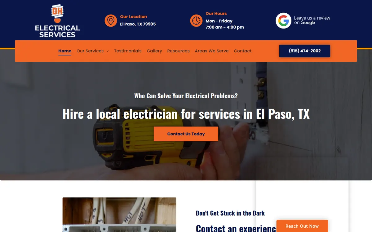 DH Electrical Services home page with the location, hours and phone number in the header