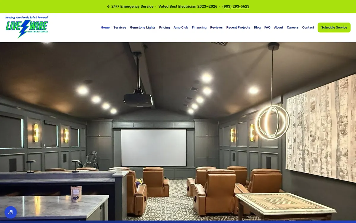 LiveWire Electrical Services home page with a finished home theater lighting job