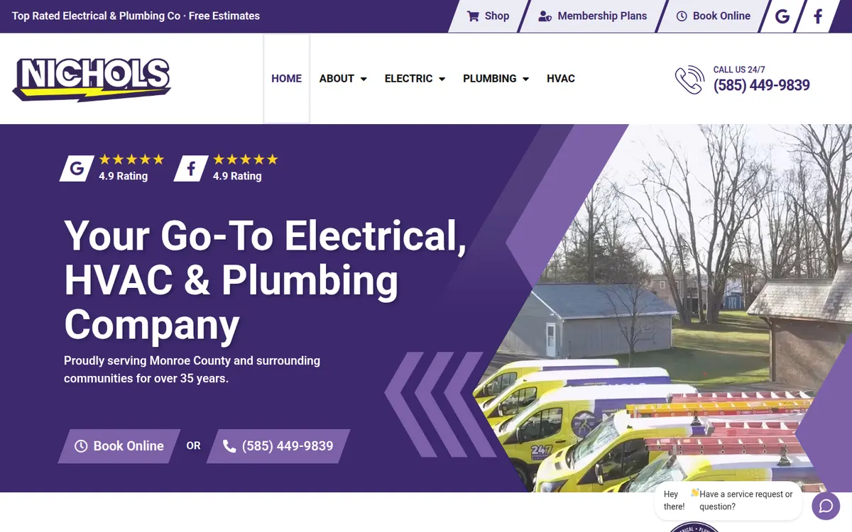 Nichols Electric home page with the yellow service fleet and crew and two rating badges