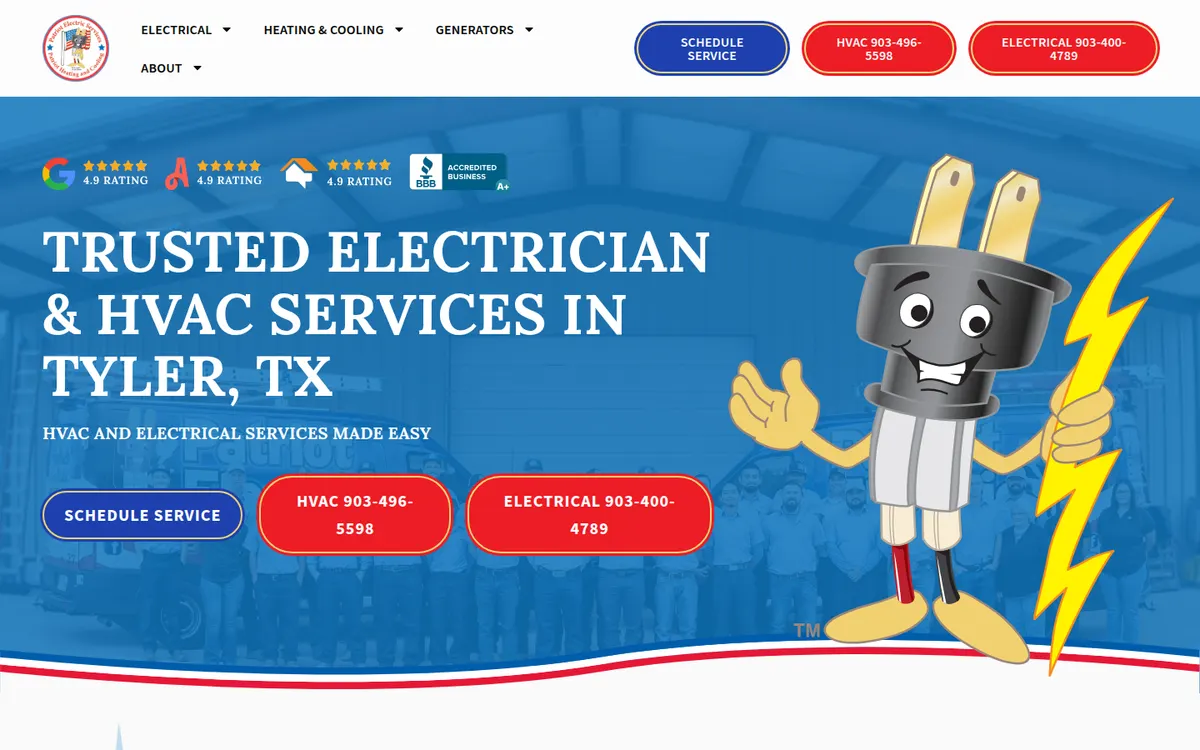 Patriot Electric home page with a cartoon plug mascot and buttons to schedule or call