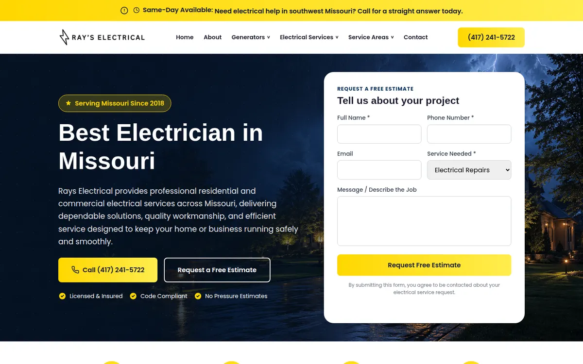 Ray's Electrical home page with a free estimate form beside the headline