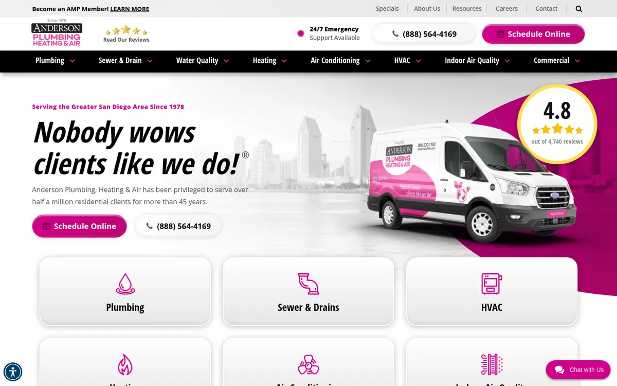 Anderson Plumbing, Heating and Air home page with a pink and white van and a review score badge