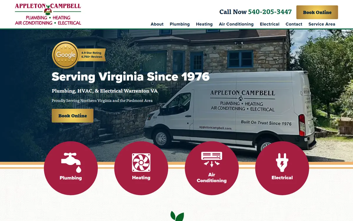 Appleton Campbell home page with a lettered van parked in front of a stone house