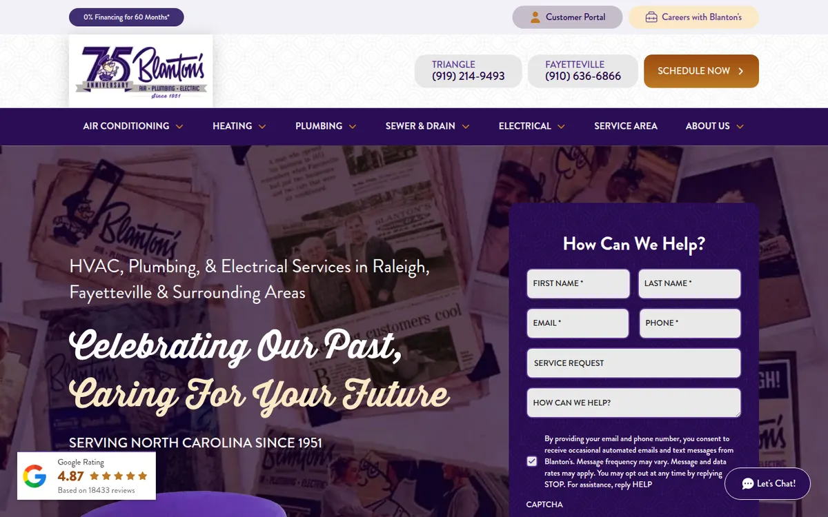Blanton's Air, Plumbing and Electric home page with a collage of old company photos and a contact form