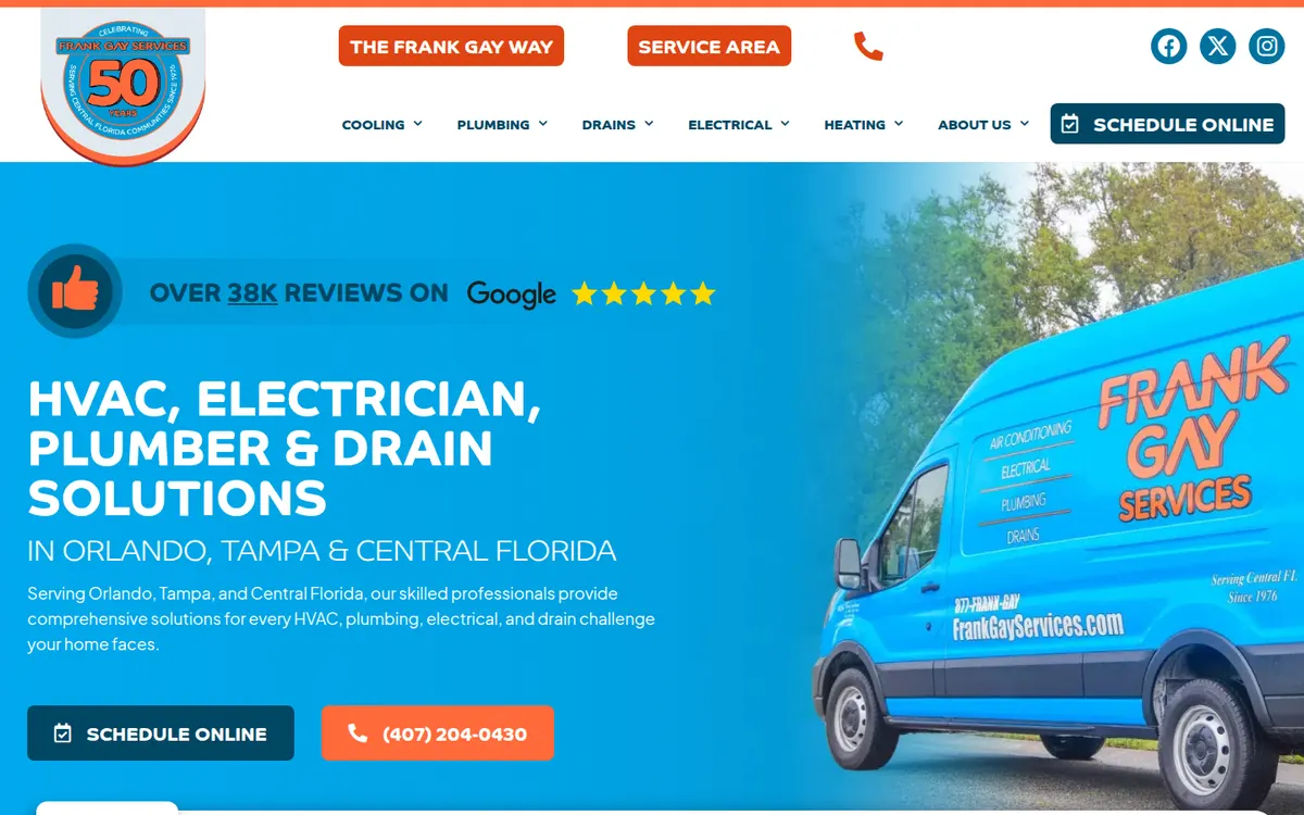 Frank Gay Services home page with a bright blue service van and a Schedule Online button