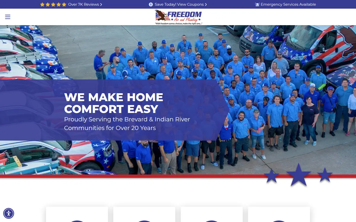 Freedom Air and Plumbing home page with the full crew and fleet photographed from above
