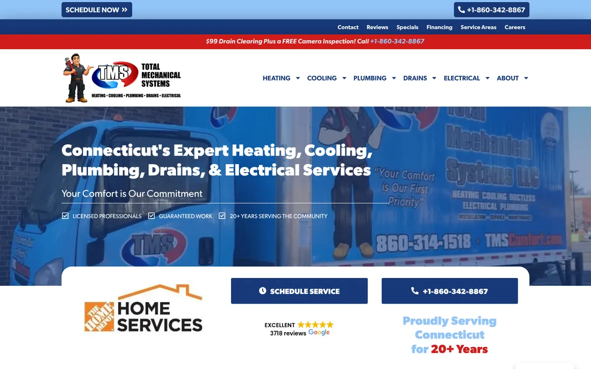 Total Mechanical Systems home page with a lettered truck and a Schedule Service button