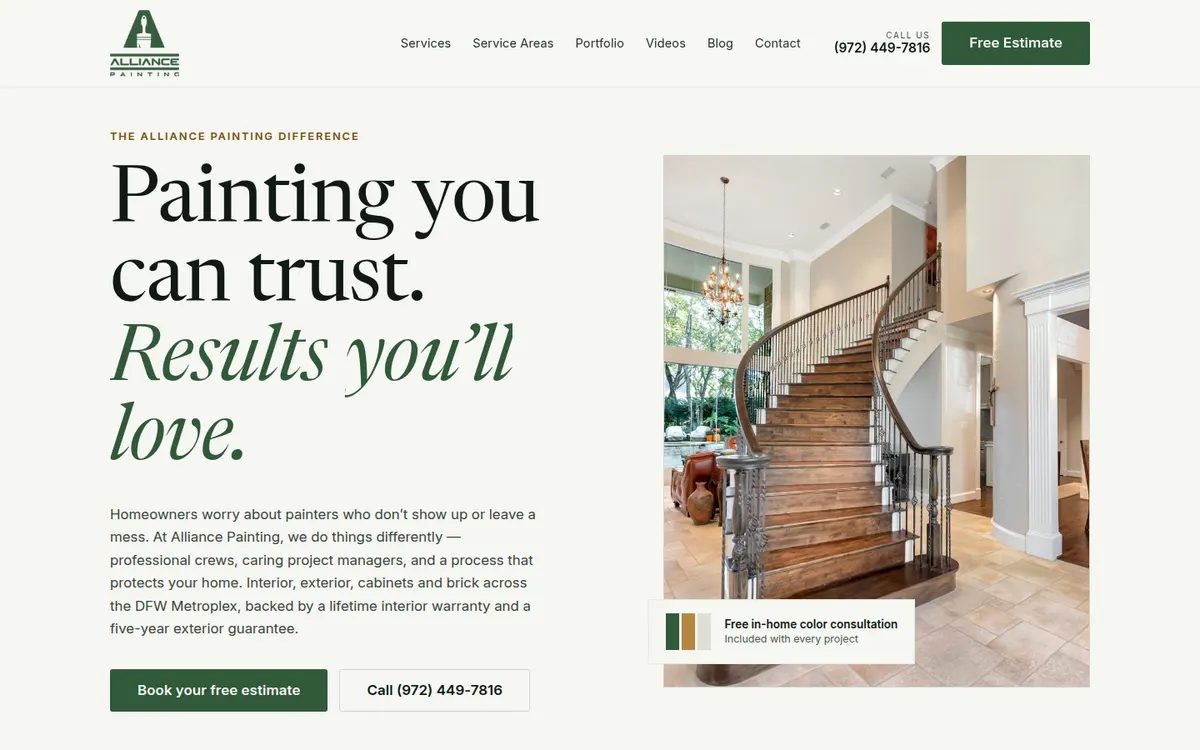 Alliance Painting home page with large serif type and a photo of a finished stair hall