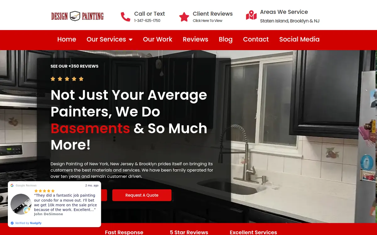 Design Painting home page with a call or text number, client reviews and areas served in the header
