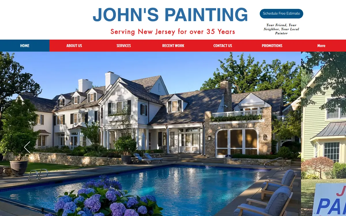 John's Painting home page with a large photo of a finished white house and a pool