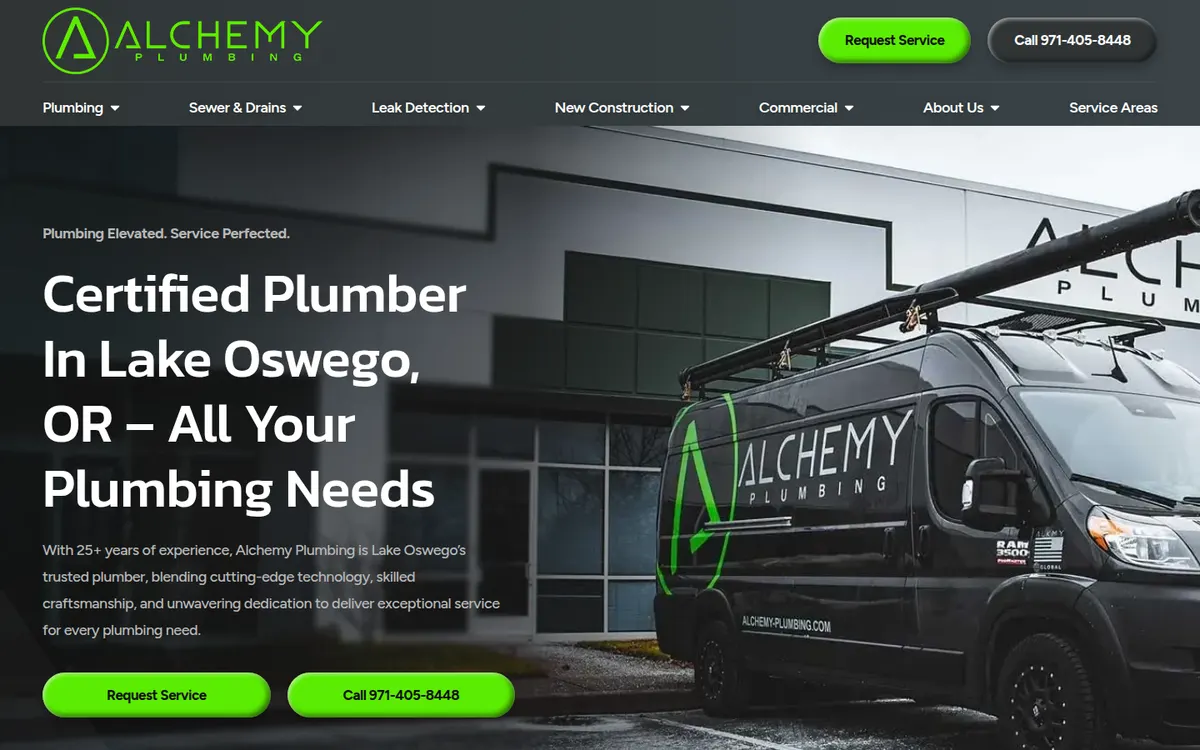 Alchemy Plumbing home page with a black lettered van and the town in the headline