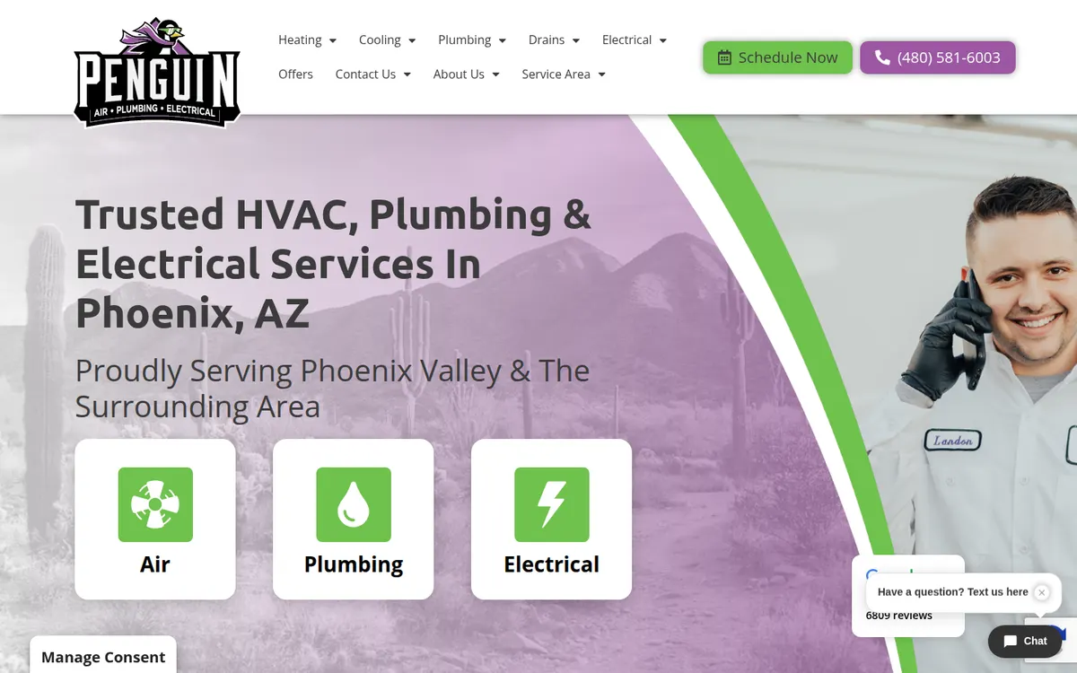 Penguin Air, Plumbing and Electrical home page with a technician in uniform and a Schedule Now button