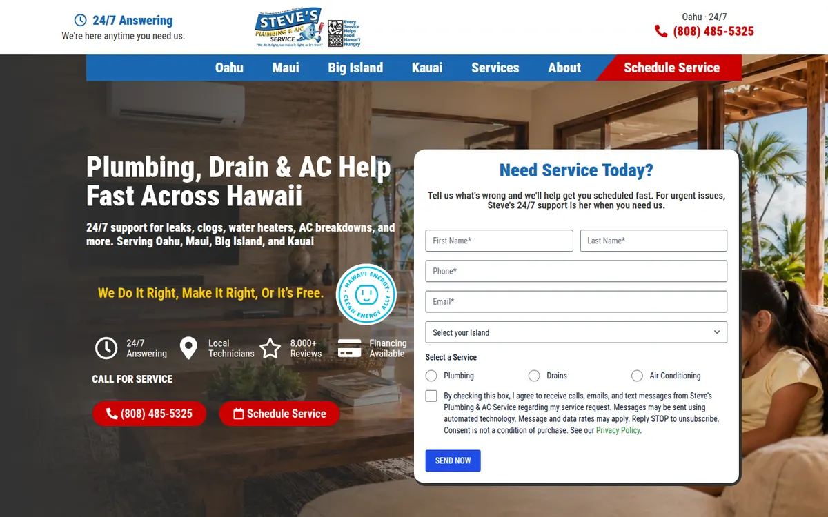 Steve's Plumbing and A/C Service home page with island links across the top and a service request form