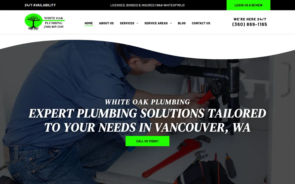White Oak Plumbing home page with the town in the headline and a green Call Us Today button