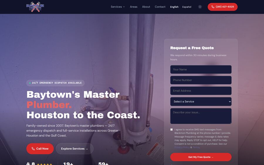 Homepage of blackmonplumbing.com, a Baytown, Texas plumbing site built by GotLocal