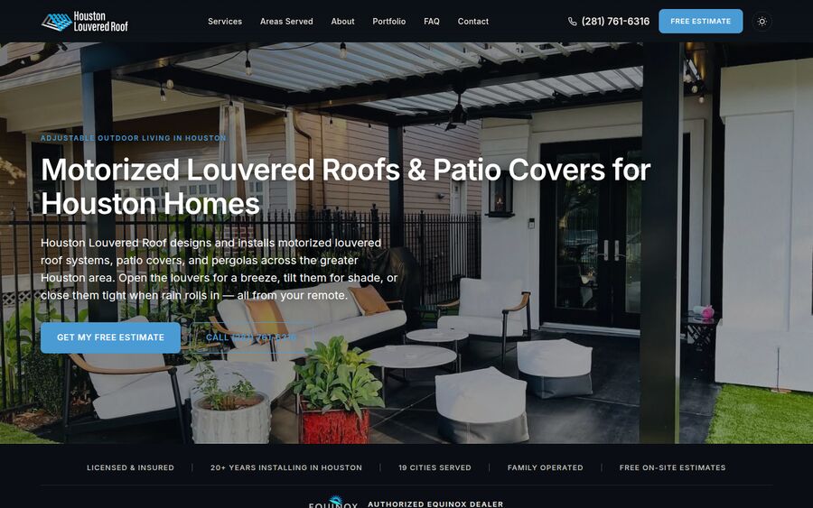 Homepage of houstonlouveredroof.com, a Houston motorized louvered roof site built by GotLocal